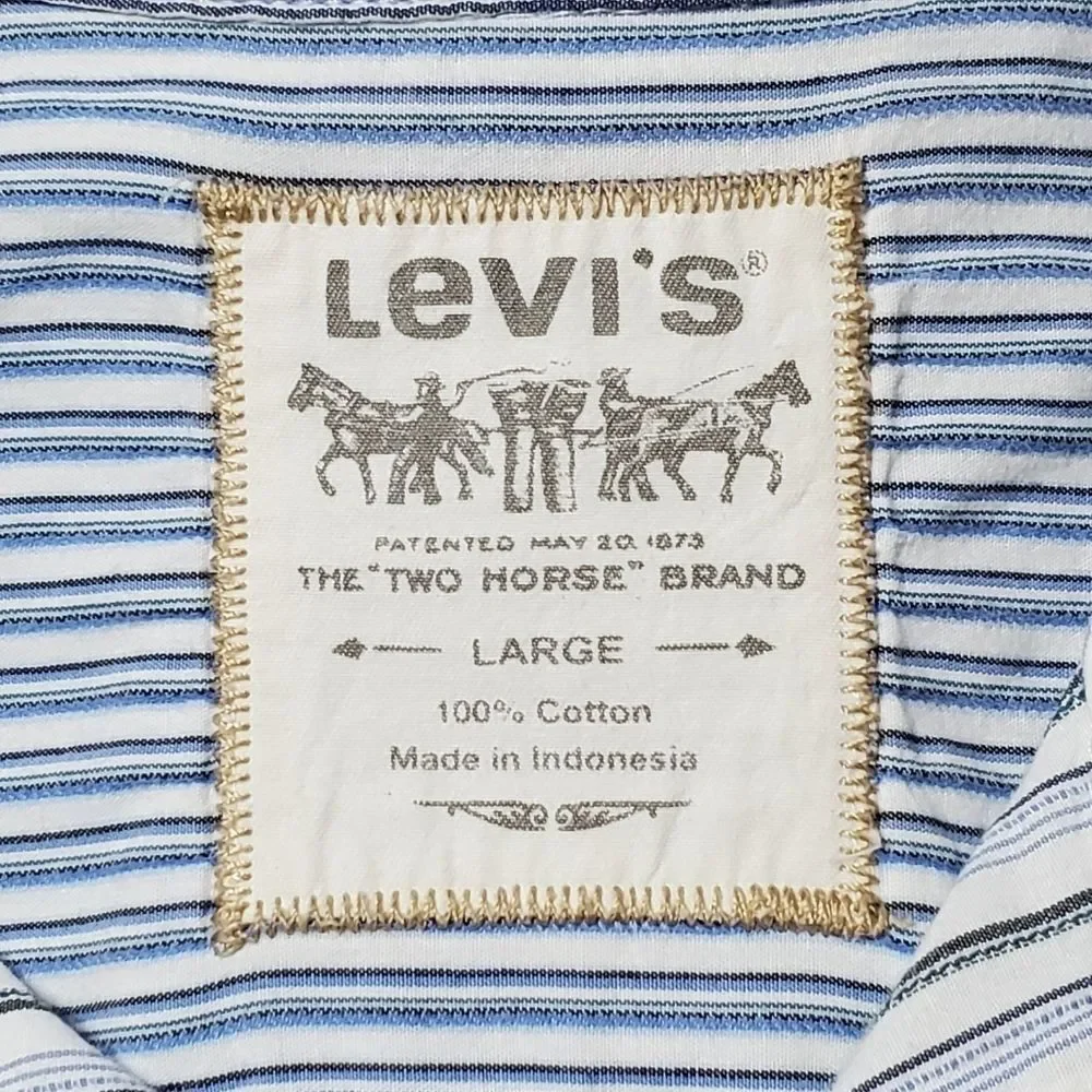 Levi's Mens Sz Large The Two Horse Shirt Blue & White Long Sleeve 100% Cotton